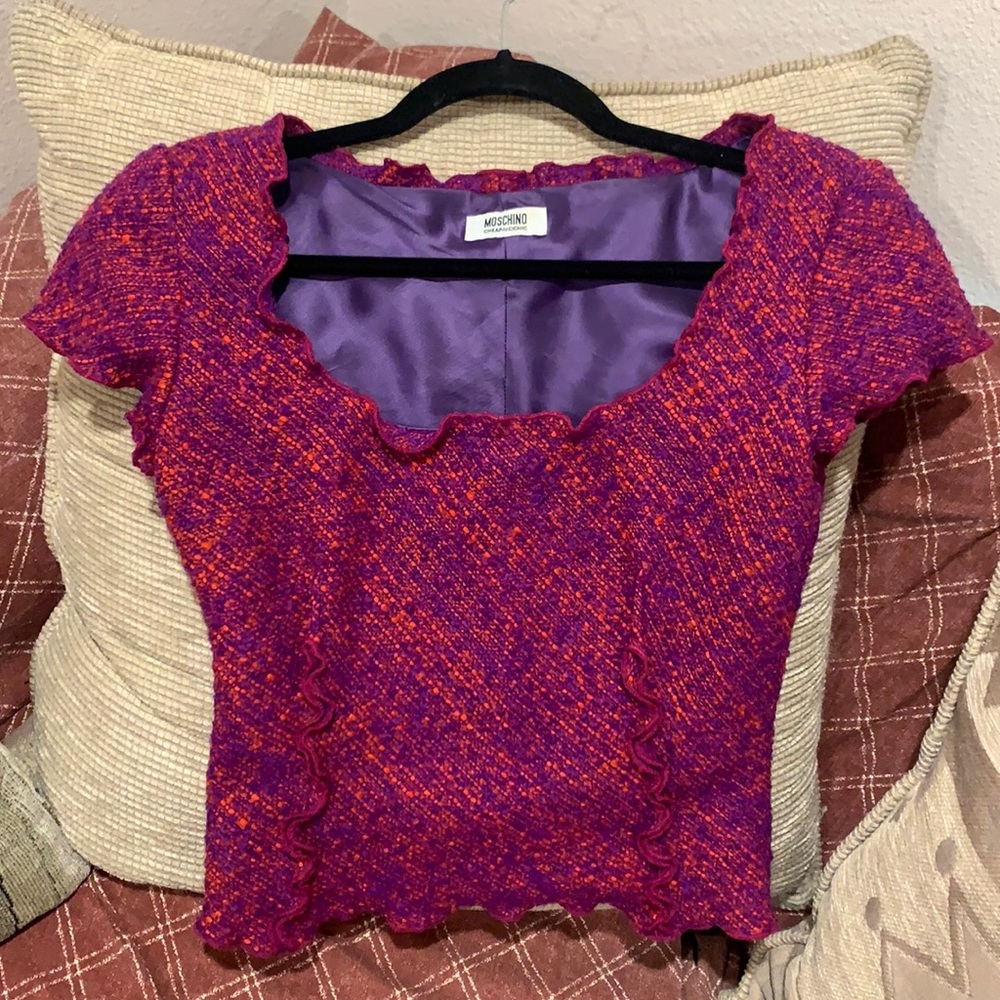 Moschino cheap and chic virgin wool mohair ruffle tweed top